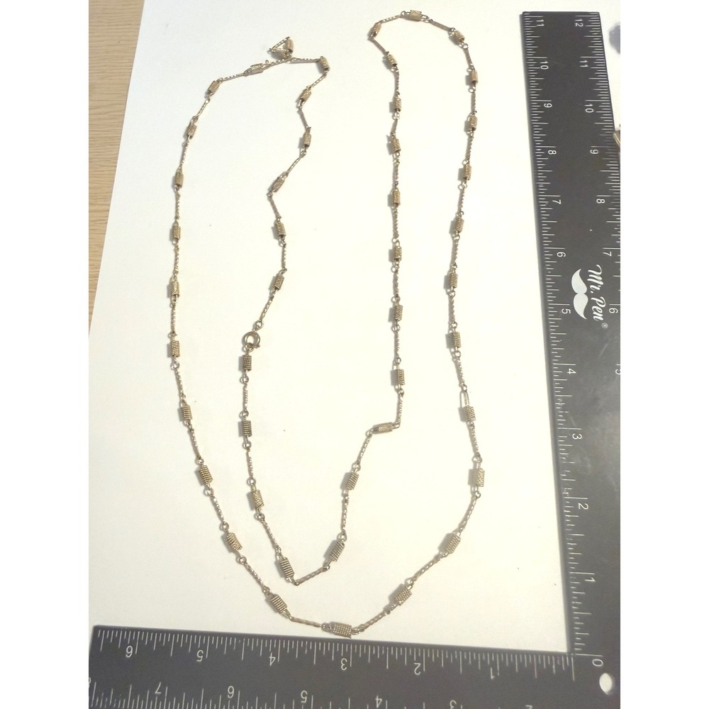 Vintage Gold Tone Textured Barrel Station Necklace Long Twisted Link Chain 30 In